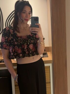 H&M Black Crop Top with Pink Floral Print